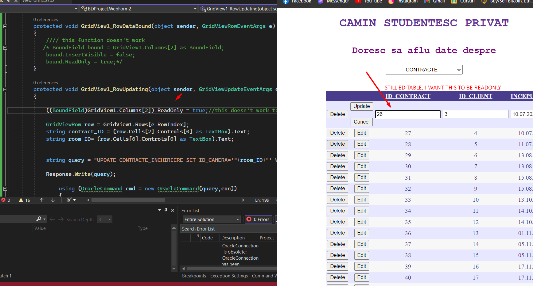 How can i make a column from GridView(without datasource) readOnly