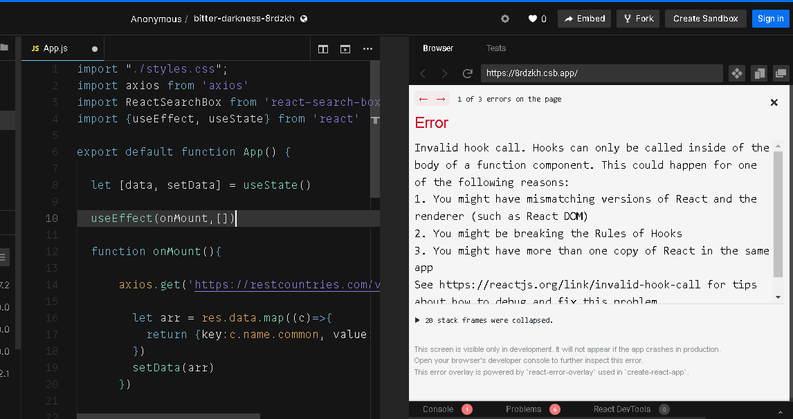 javascript UseState Invalid hook call. Hooks can only be called inside the body of a