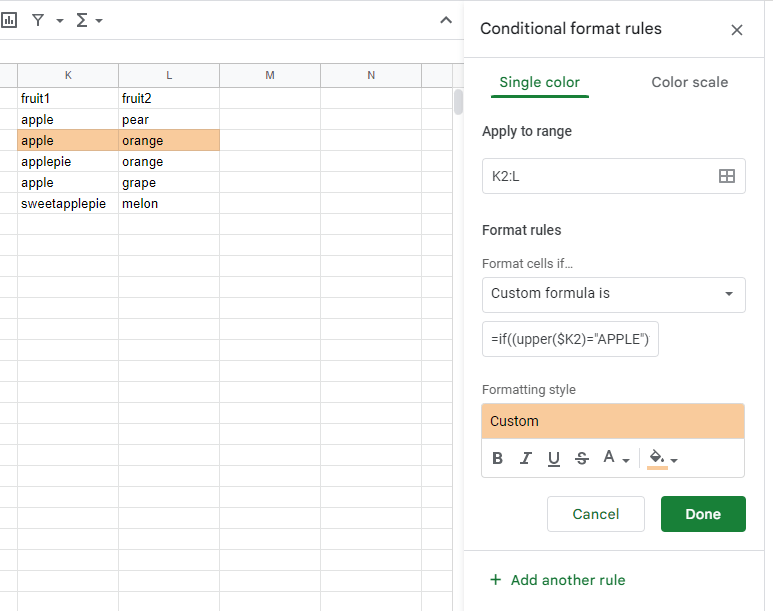 formatting Formula if Cell Contains x but Not y in Google Sheets
