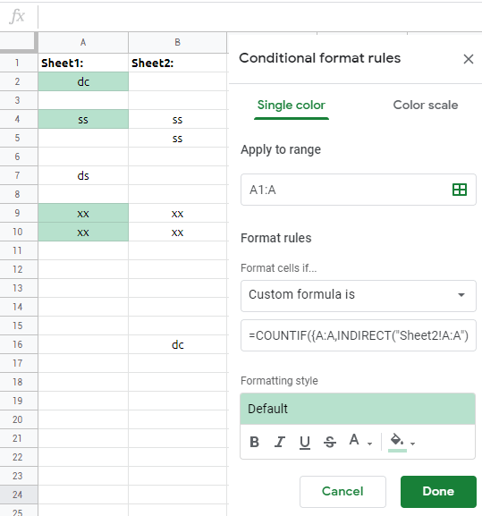 google sheets Join multiple ranges when using conditional formatting