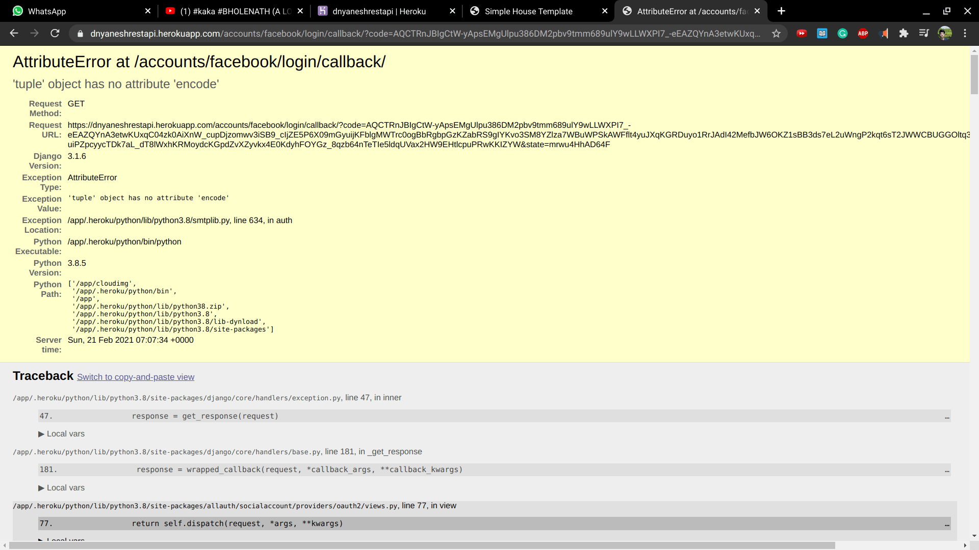 django - AttributeError 'tuple' object has no attribute 'encode' during