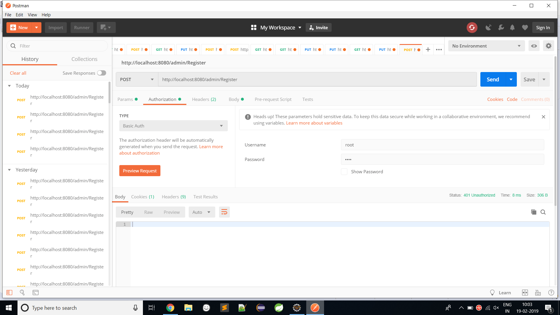 java Spring Boot Security Postman gives 401 Unauthorized Stack