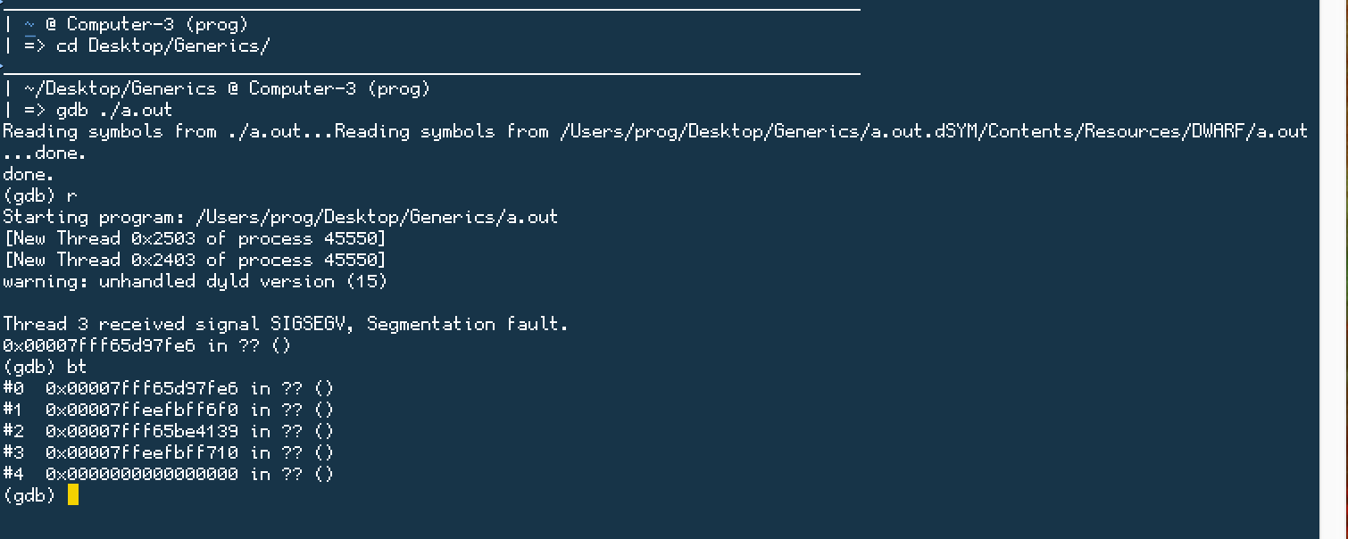 c No function name in stack trace, GDB, but appears in LLDB Stack