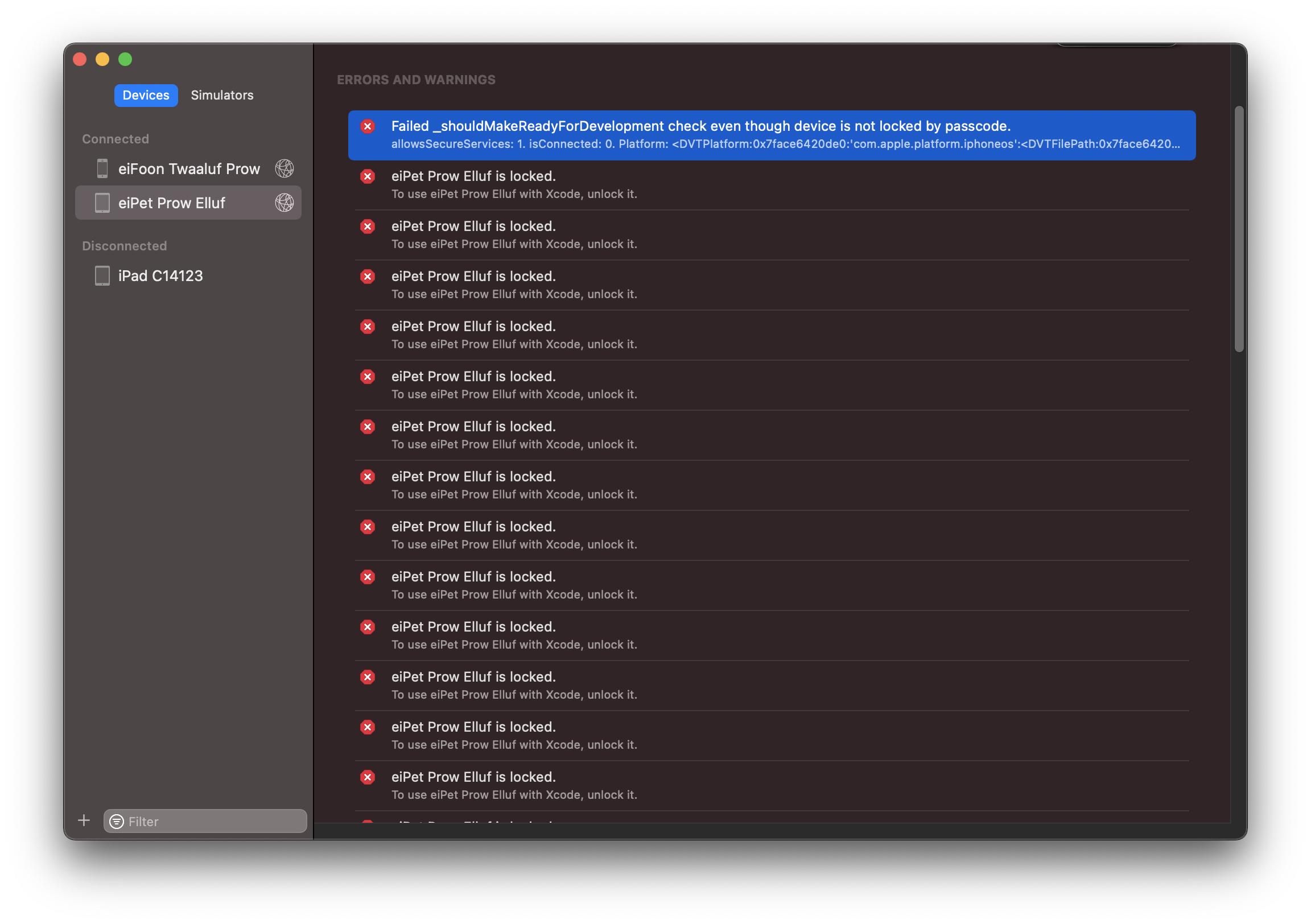 How does one delete the error messages from XCode's Devices