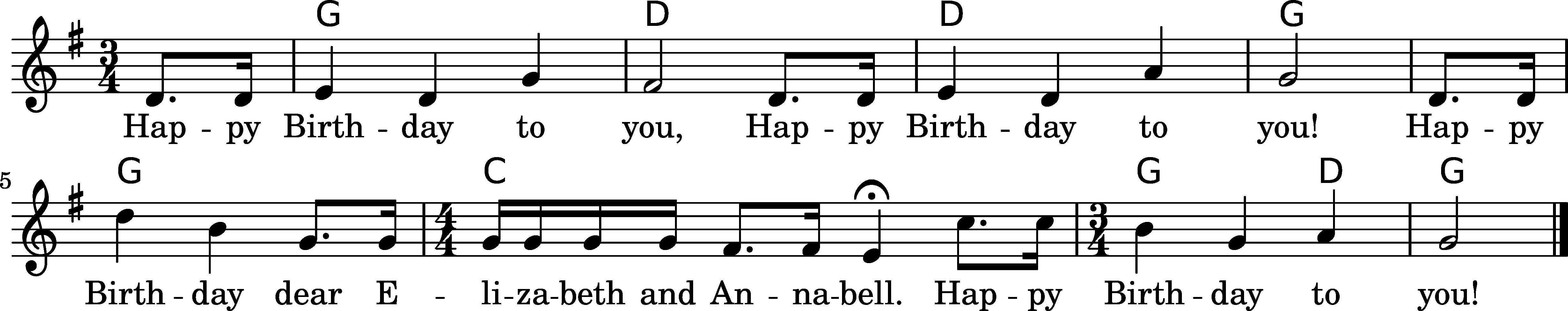 lilypond Is there a standard notation for "Happy Birthday" with two