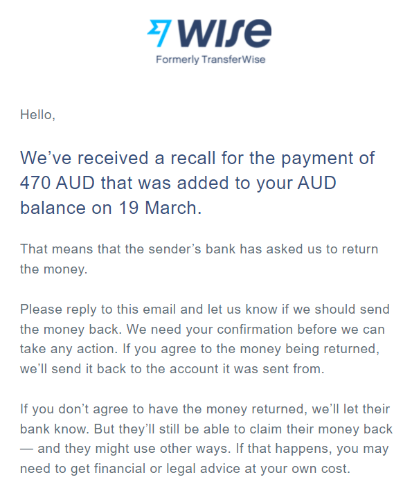 Australia - Transferwise Transfer Being Recalled - Personal Finance & Money  Stack Exchange