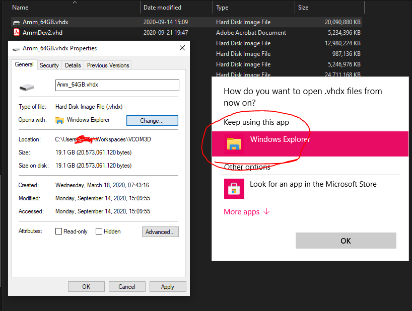 How to change .vhd file association to open with Windows Explorer