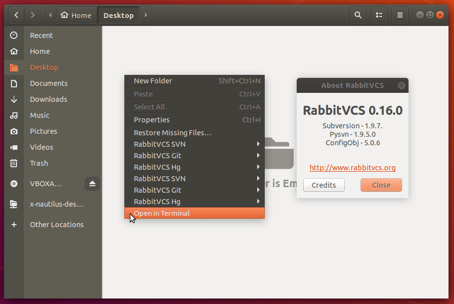 Rabbit VCS on Ubuntu 18.04 not showing menu in Nautilus