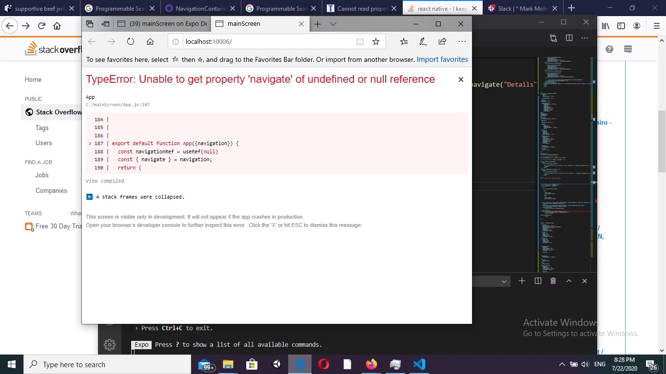 react native I keep getting errors that "navigation" is