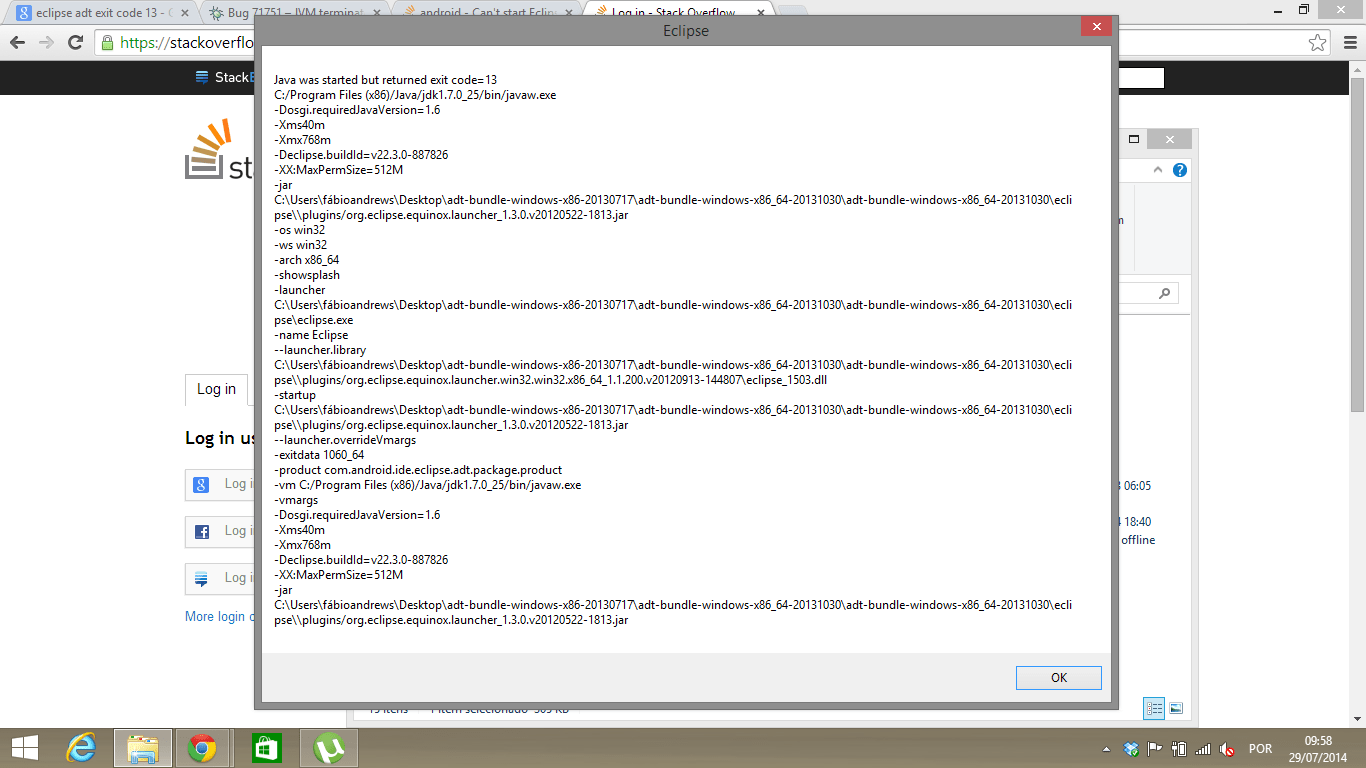 eclipse java was started but returned exit code=13