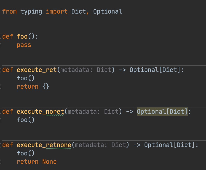 python How to typehint 'return type or no return' in Pycharm Stack