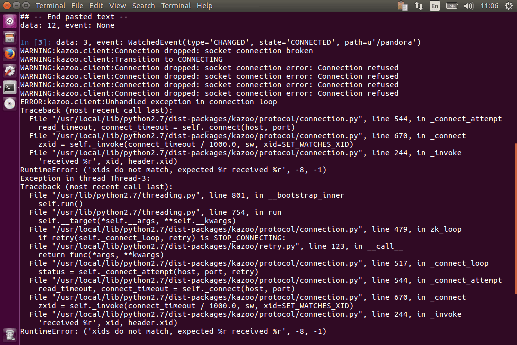 python kazoo restarted zookeeper, the watch threw an exception