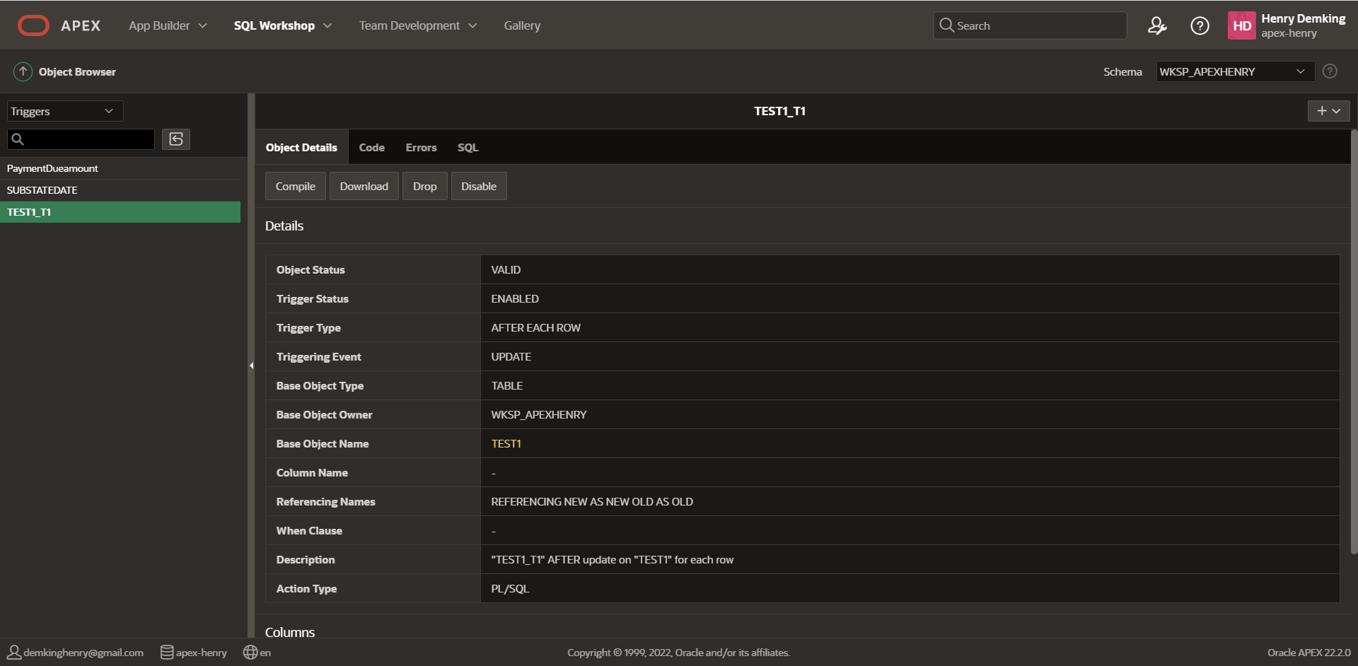 how to solve the error 'ORA04091 table WKSP_APEXHENRY.TEST1 is