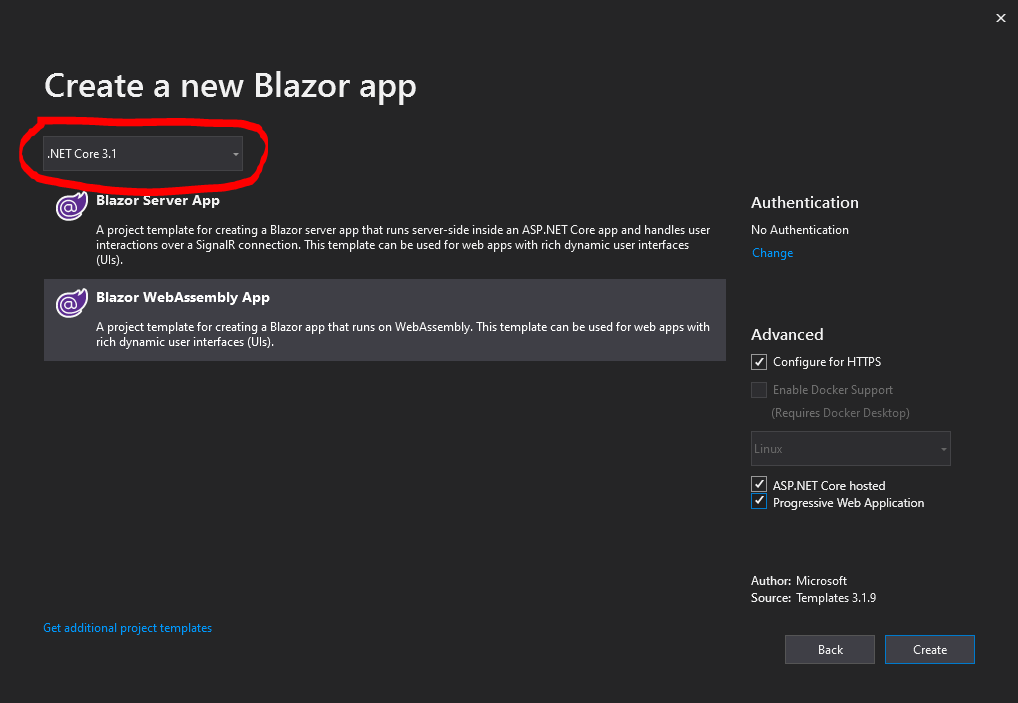 c Blazor proj from scratch+nuget "There was no runtime pack for
