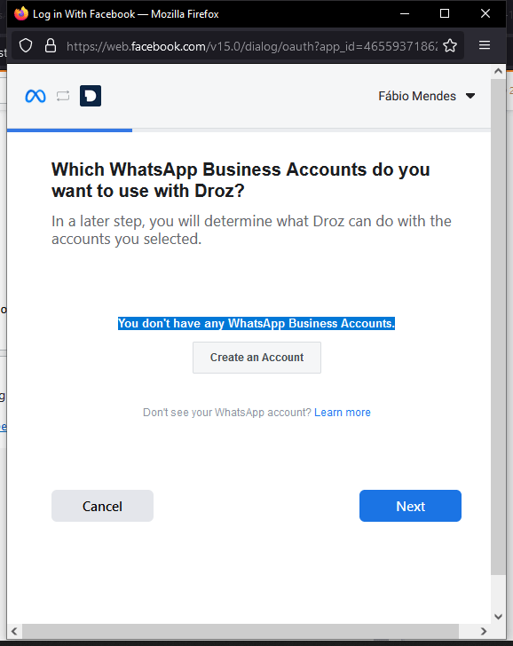 facebook embed login You don't have any WhatsApp Business Accounts