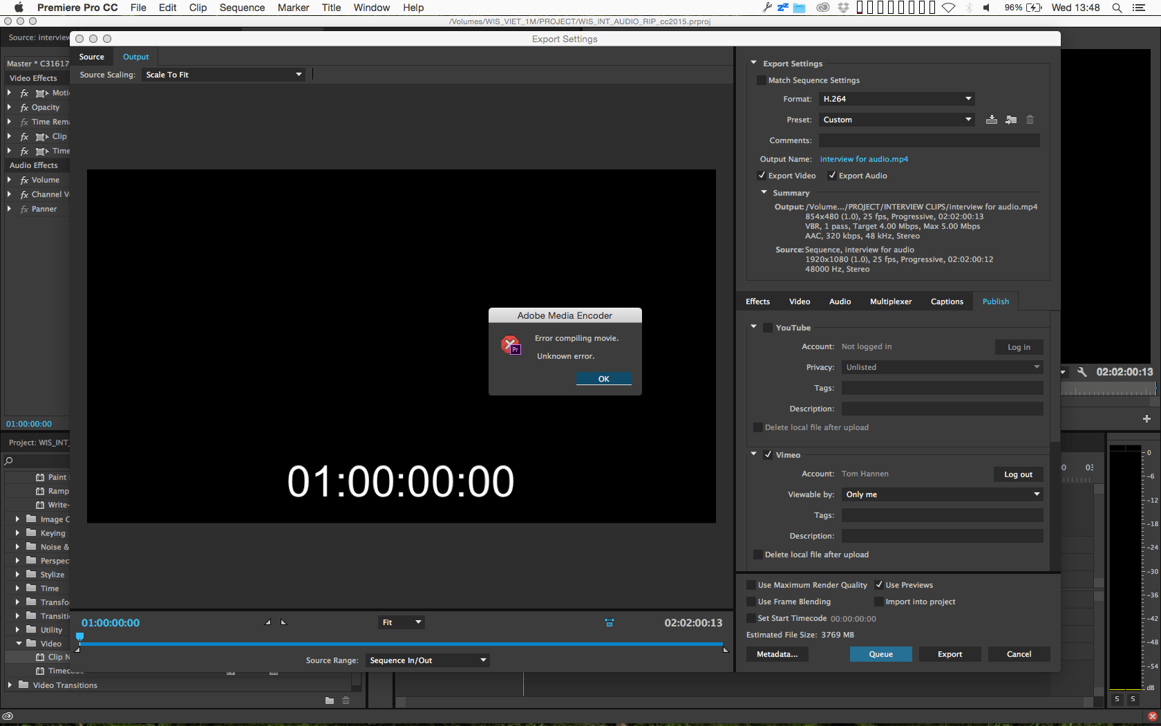 Premiere no puede exportar el video largo Error "el archivo no existe"