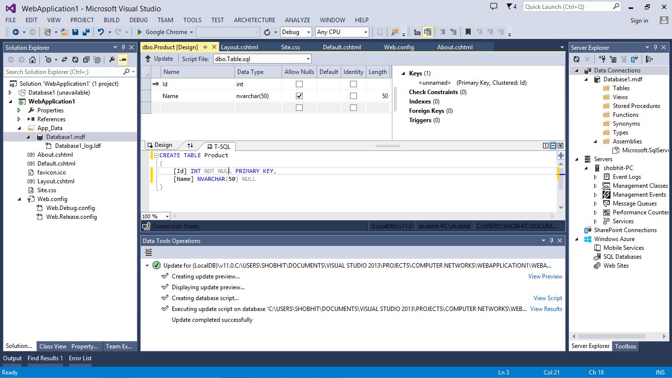 How do I create a table in SQL server database in