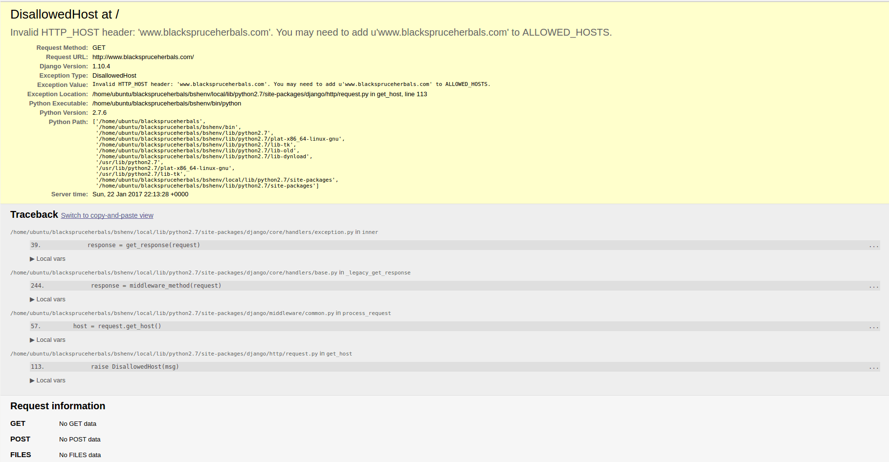 django DisallowedHost at / even though ALLOWED_HOSTS are correct