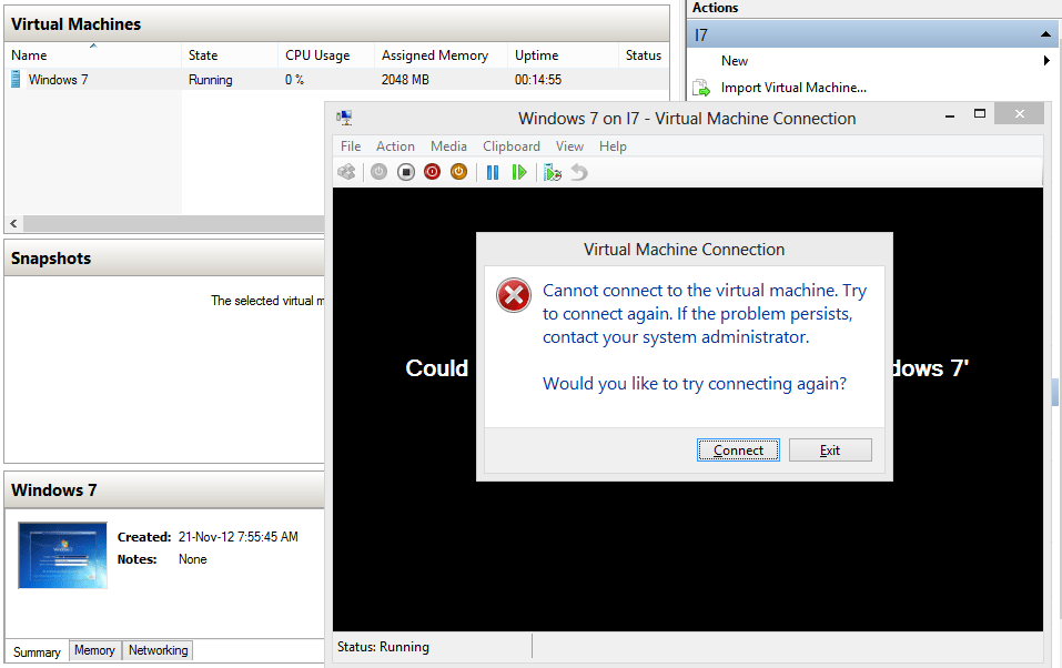 windows 8 "Cannot connect to the virtual machine." for new HyperV