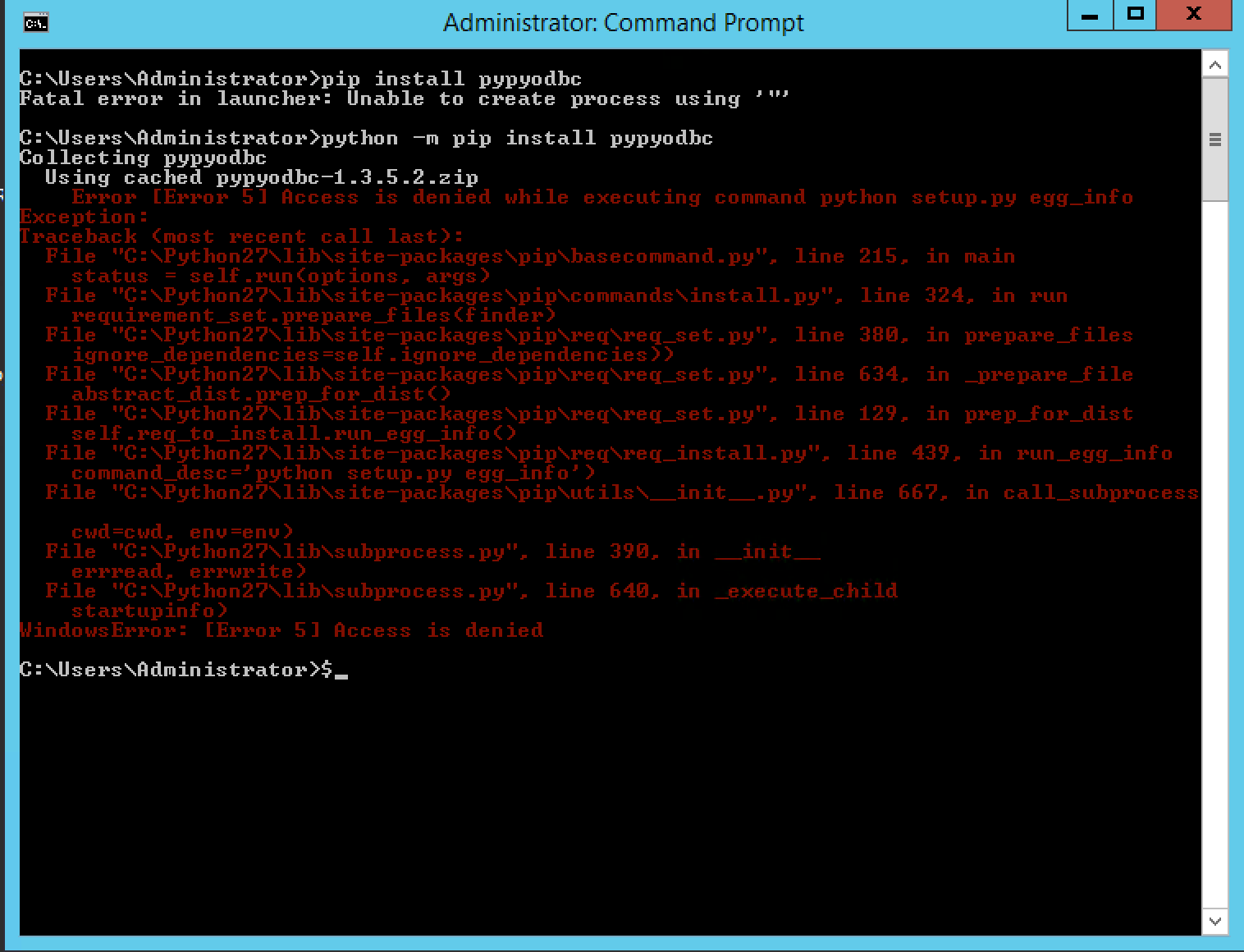 Can't install python modules with pip on Windows Server access is