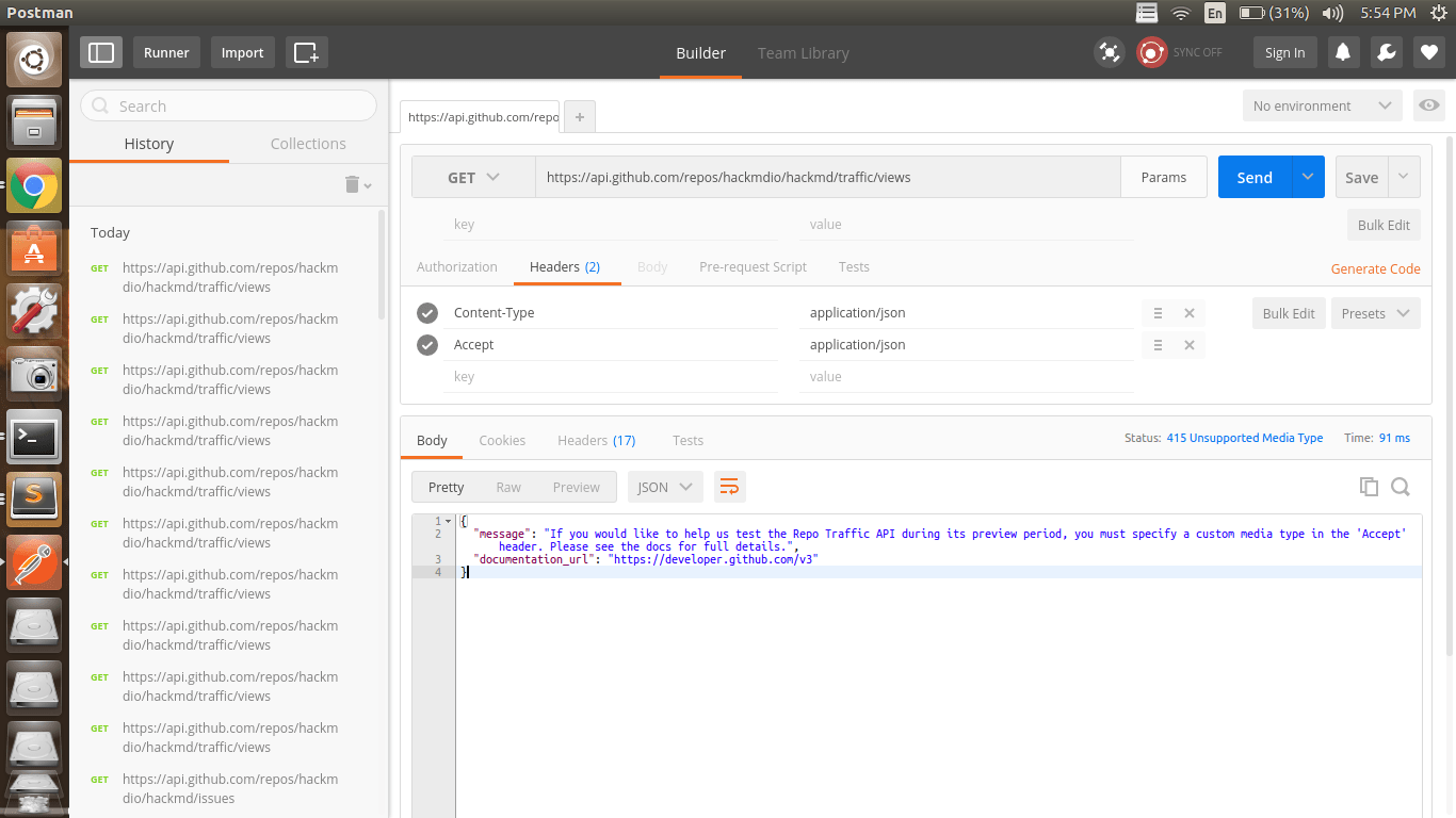 http github API unsupported media type 415 Stack Overflow