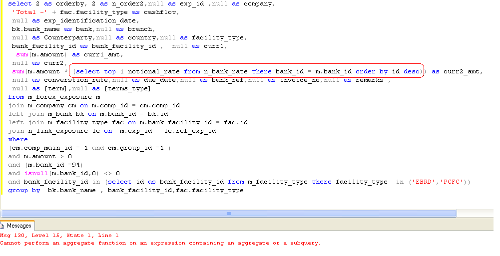 sql server SQL Query Issue Cannot perform an aggregate function on an