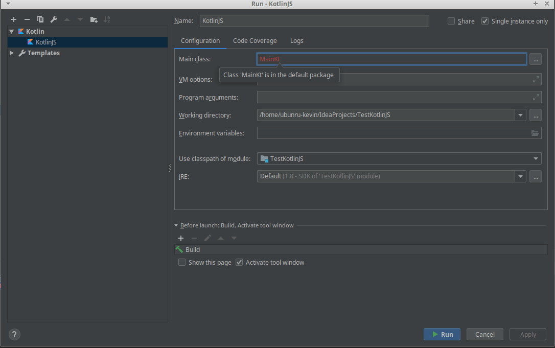 kotlin Error Could not find or load main class MainKt in IntelliJ