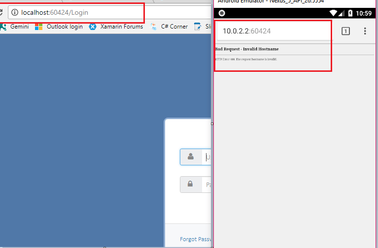 Android "Bad RequestInvalid Hostname" When accessing localhost from