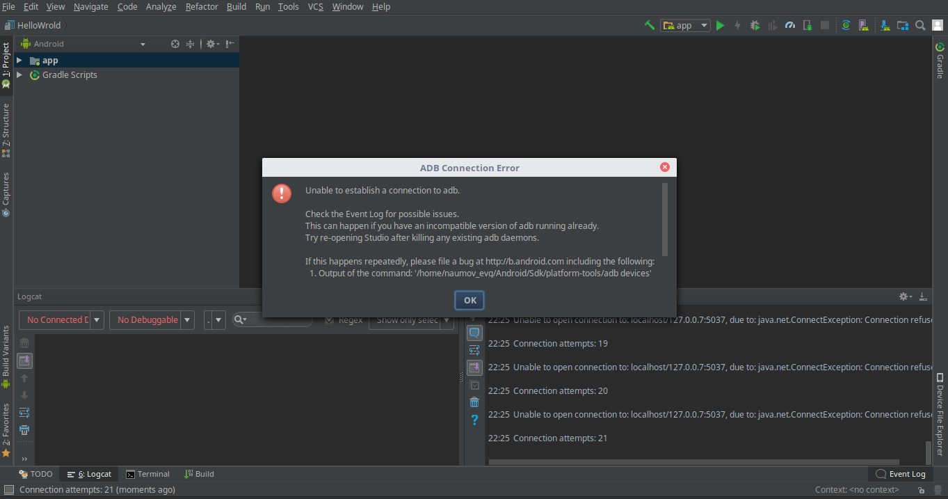 Android Studio Unable to open connection to localhost/127.0.0.75037