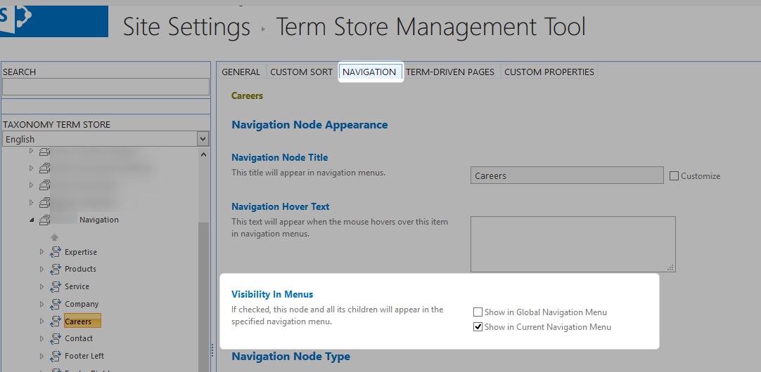 2013 how to access Global Navigation Settings and Current Navigation