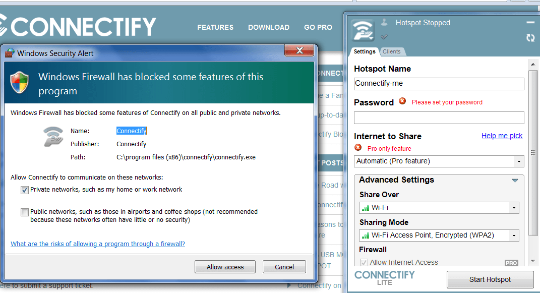 c how to display "Windows Firewall has blocked some features of this