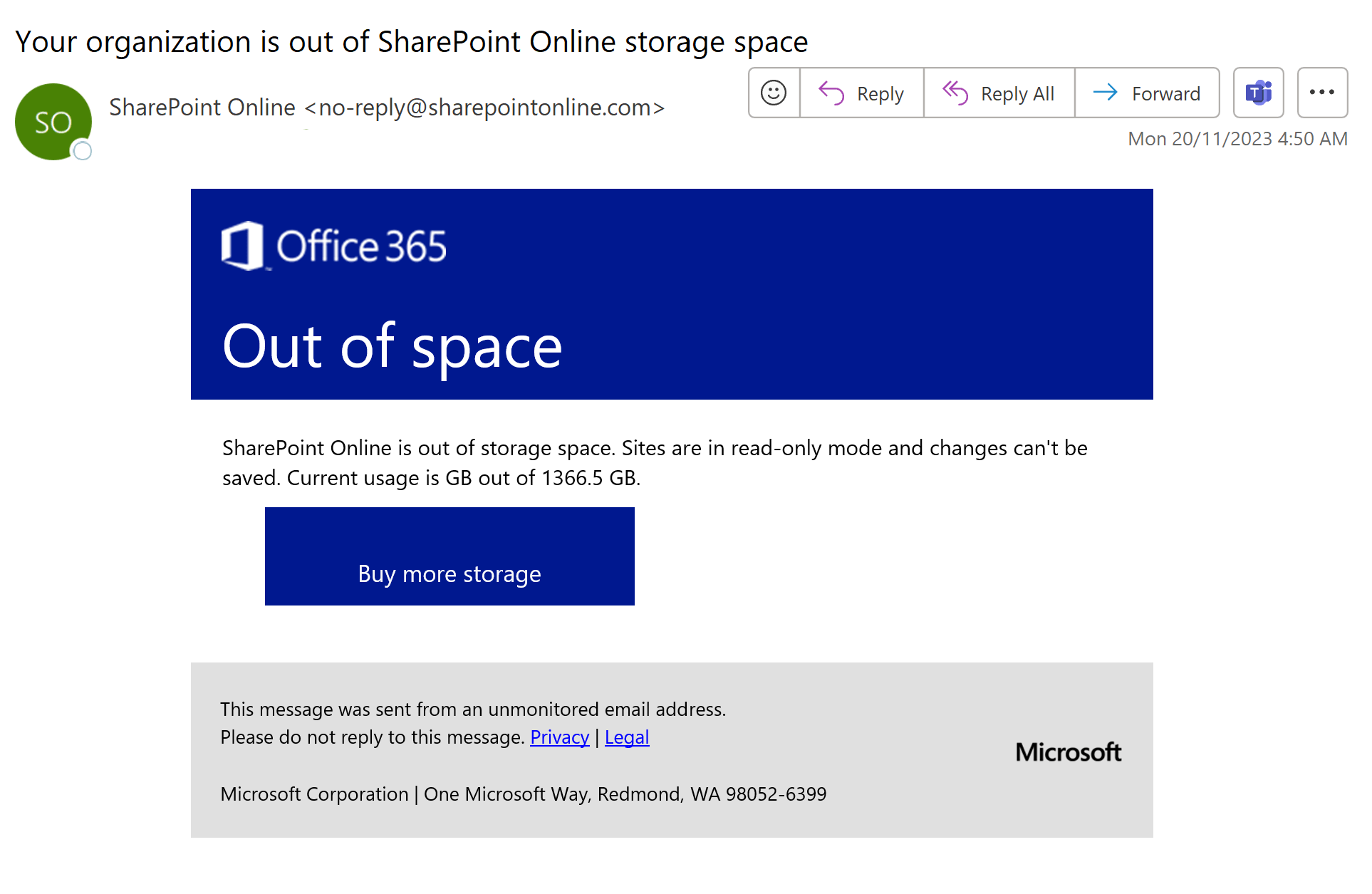 office365 I keep getting these emails "Your organization is out of