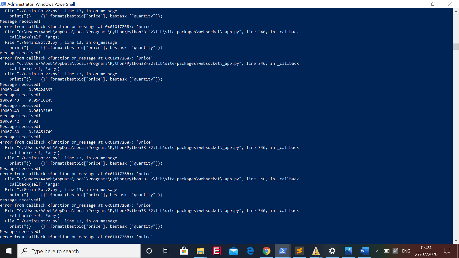 Error from callback function in python websocket line 346, in _callback callback(self, *args
