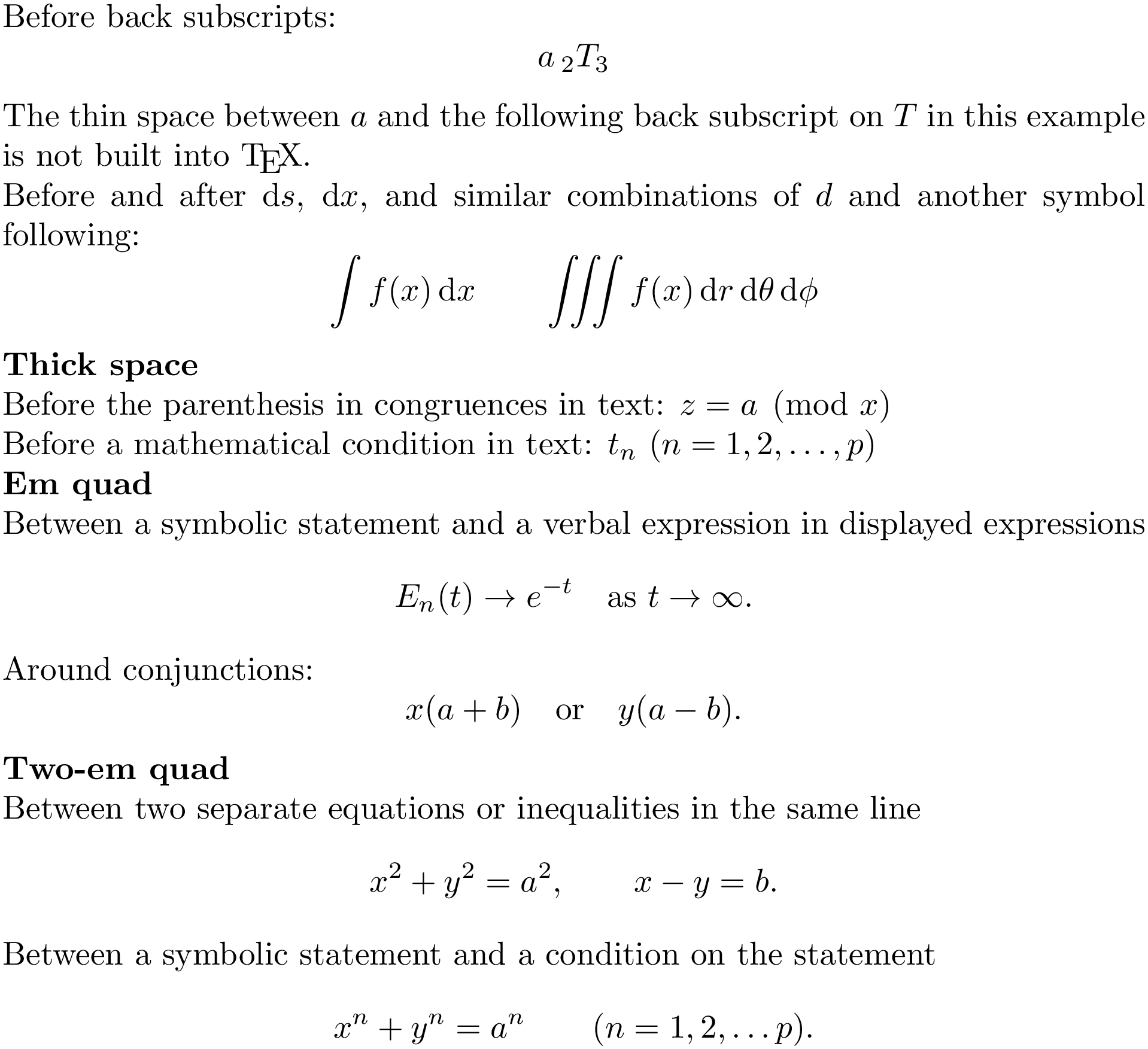 math mode When one should use spacing line \quad or \, TeX LaTeX