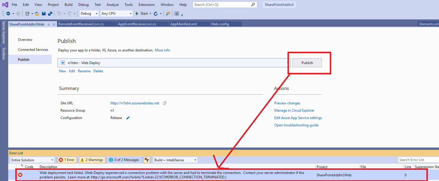 sharepoint online Web deployment task failed. (Web Deploy experienced