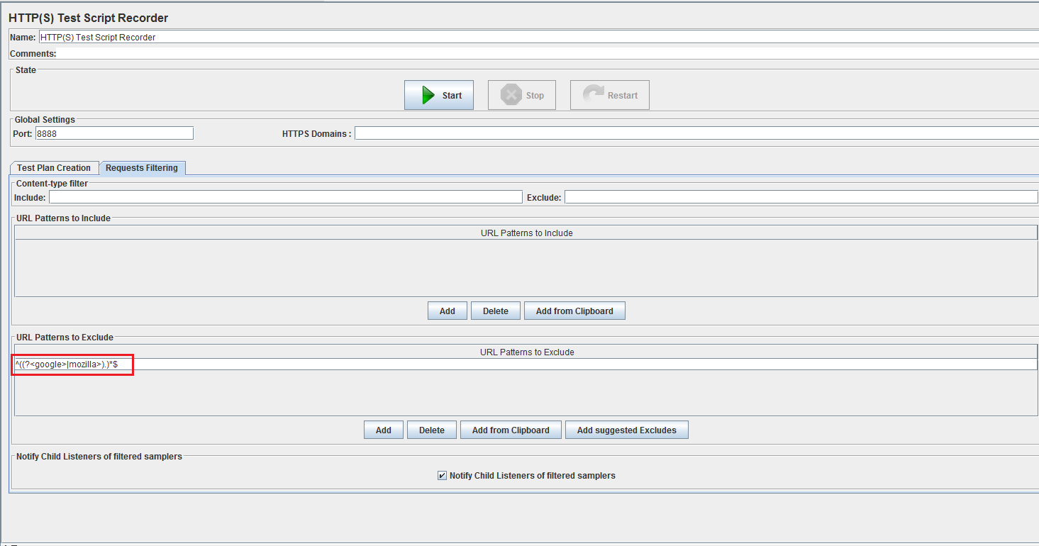 regex Jmeter URL patterns to exclude under workbench not excluding