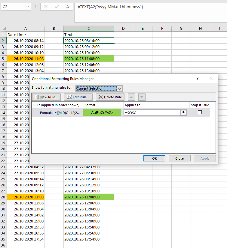 How to highlight a certain time range in an Excel column of datetimes