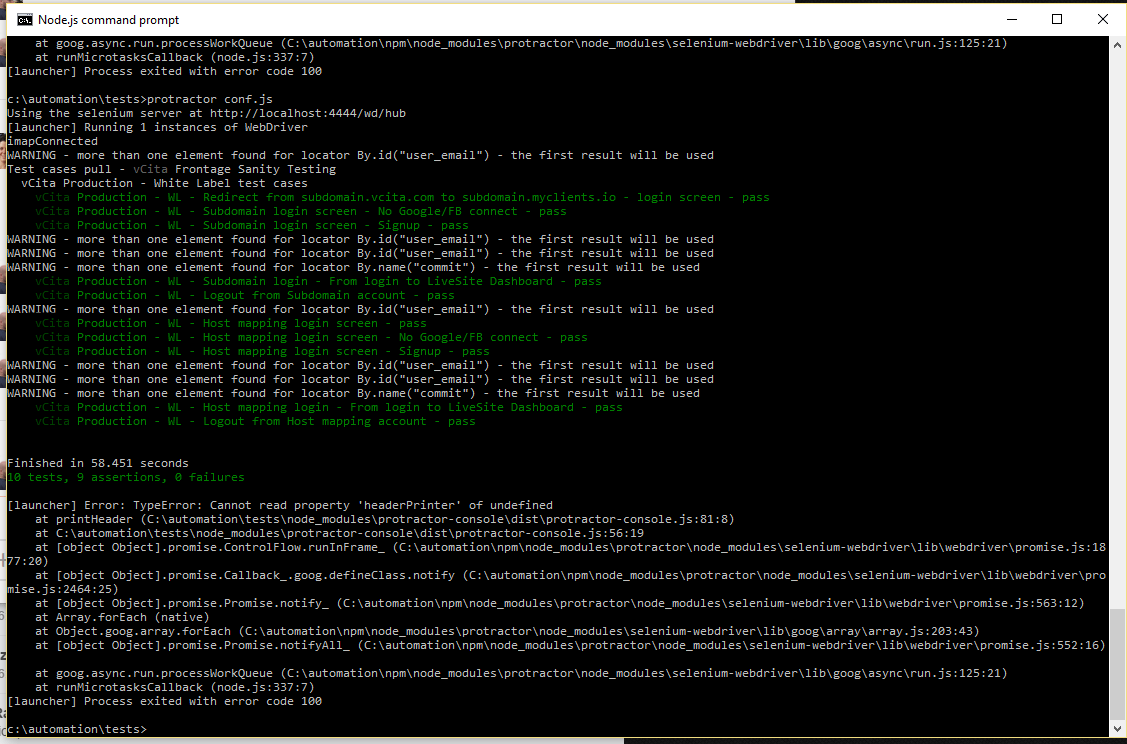 node.js Protractor Exception of Cannot read property 'headerPrinter