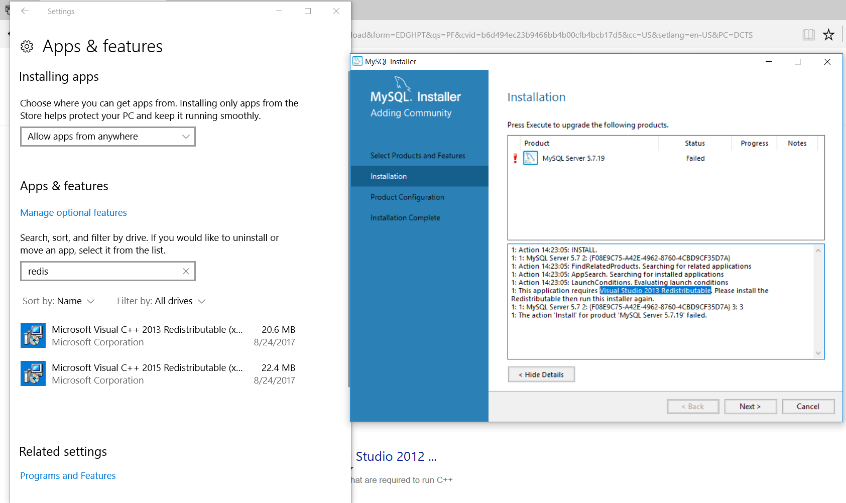 windows 10 MySQL Server install fails when the latest