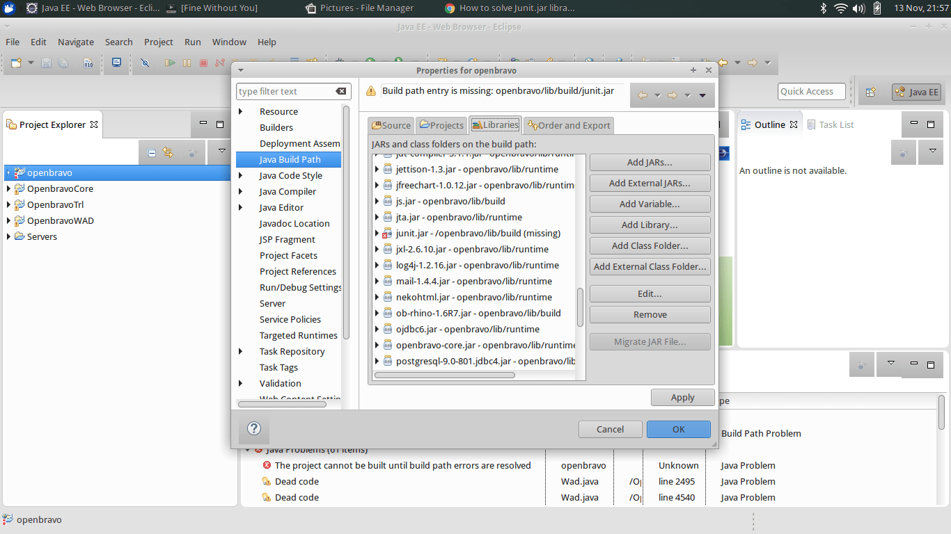 How to solve Junit.jar library missing error in eclipse for openbravo