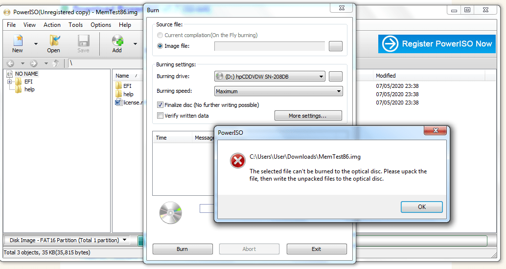 Windows memtest86.img EFIイメージをDVDに書き込むことができません