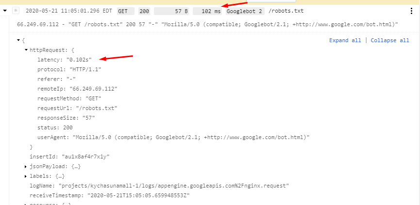 google app engine Show httpRequest.latency in gcloud logs tail