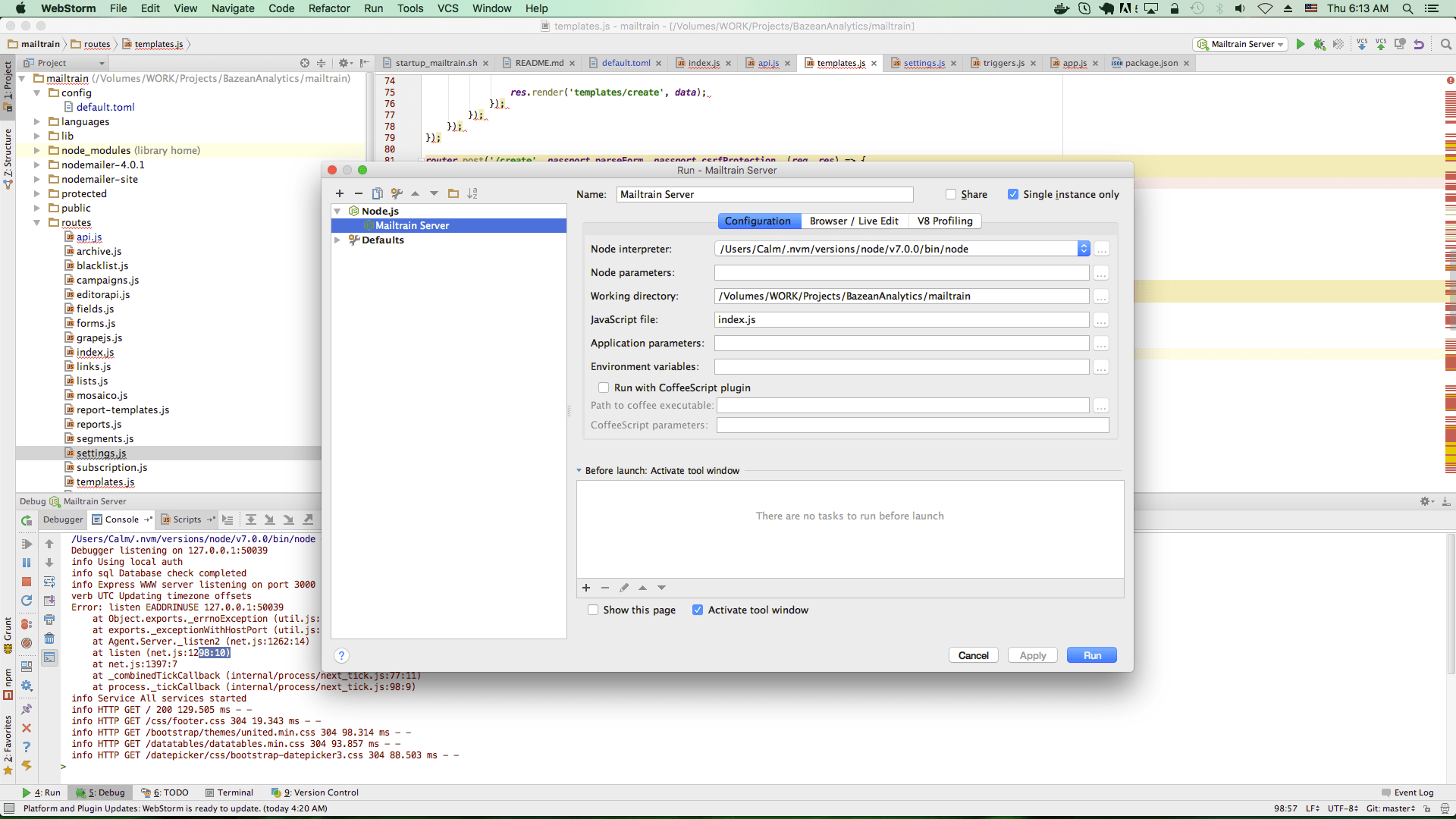 javascript Express / Node.js / WebStorm debugging is