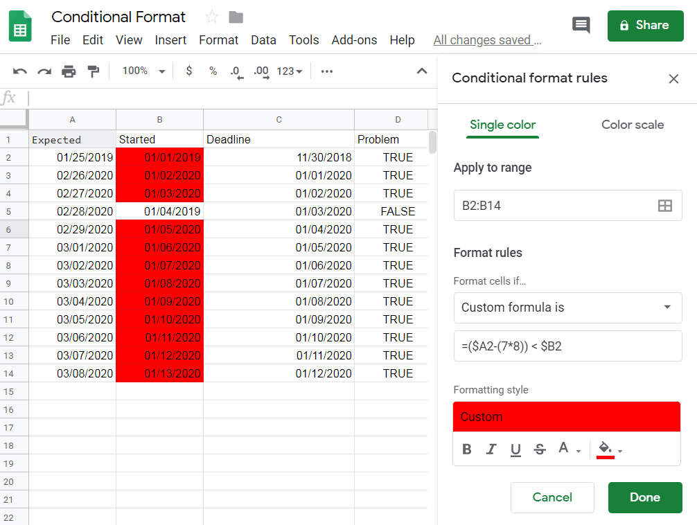 google sheets How to conditional format if cell 1 is greater than 8