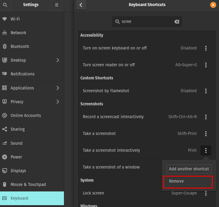 shortcut keys How to change screenshot application to Flameshot on