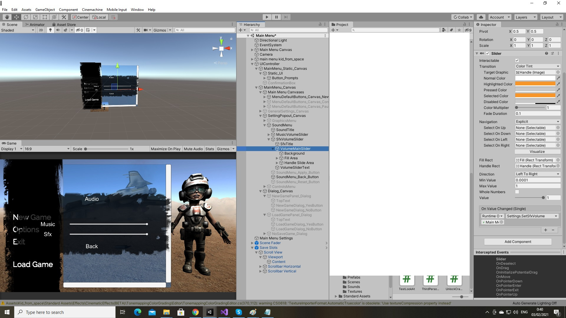 unity How can I play a audio clip only when the volume slider value