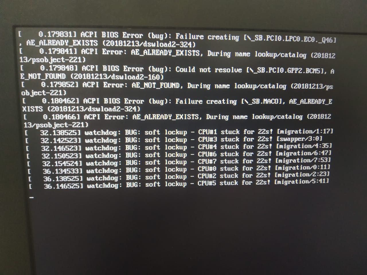 Error"watchdog BUG soft lockup" while dual booting Ubuntu with