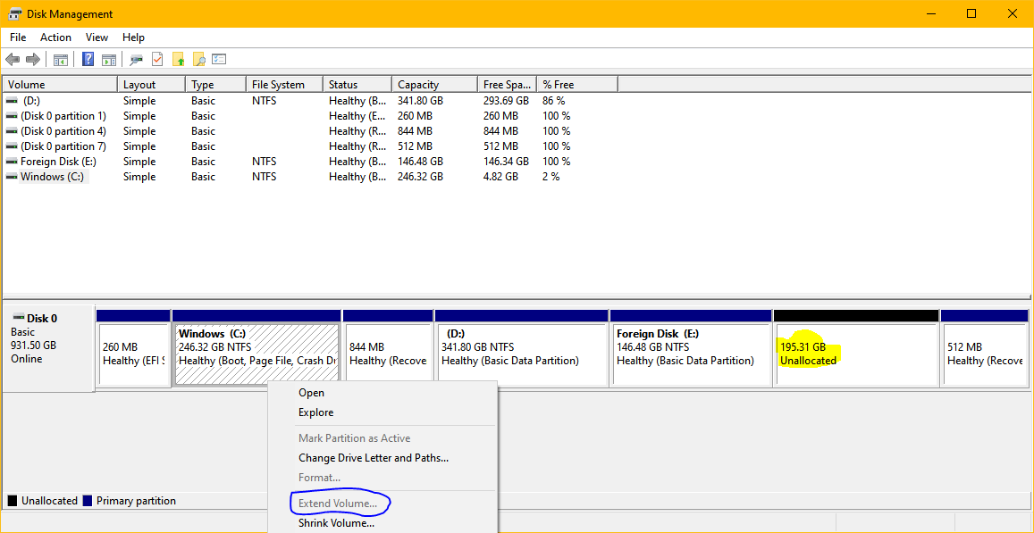 windows 10 Cannot extend C partition, "Extend Volume" grayed out