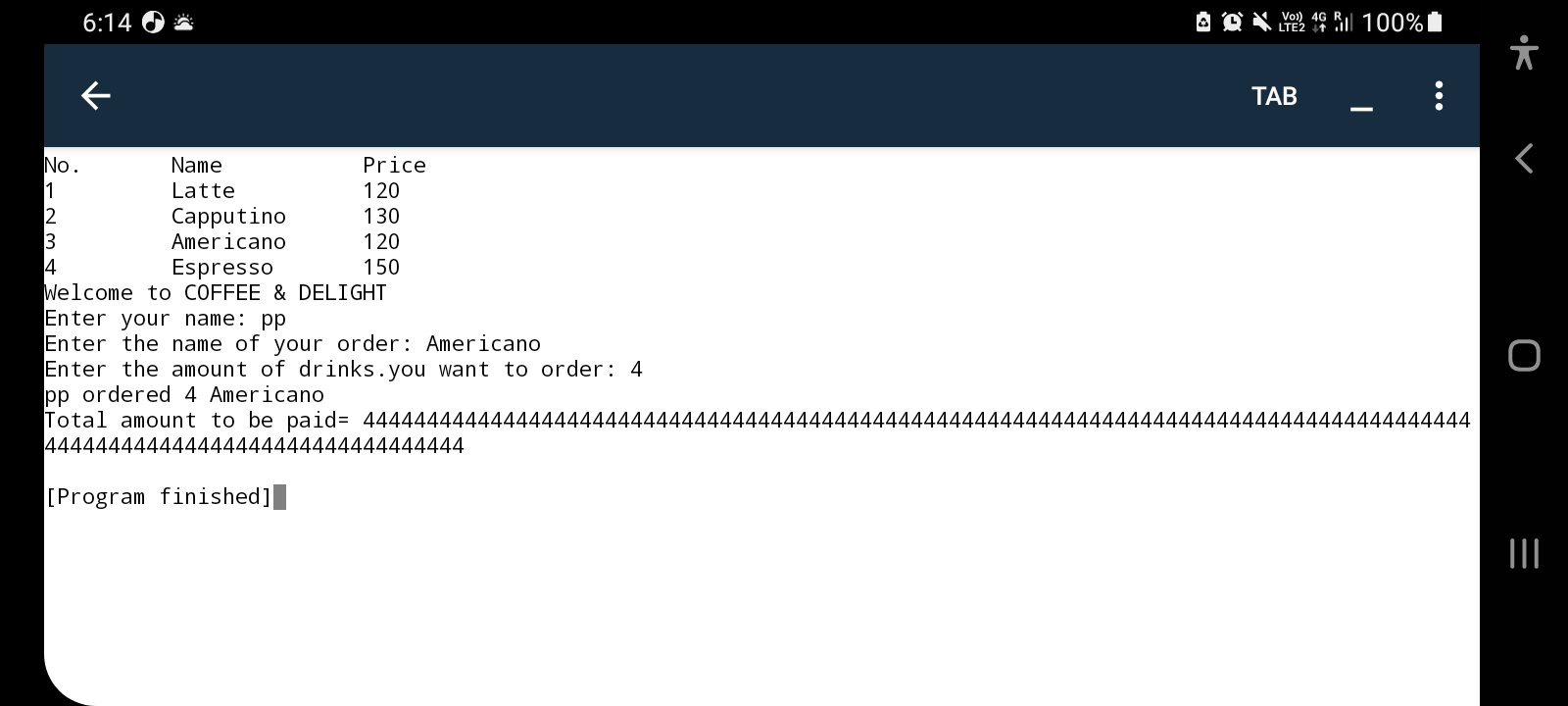 dictionary Trying to run a Coffee shop code in python, isn't working