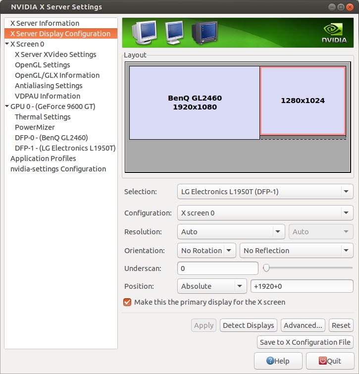 multiple monitors Nvidia settings won't take hold Ask Ubuntu